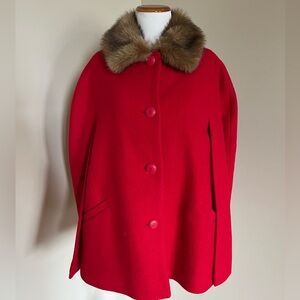 Talbots Petites Red Wool Blend Button Front Cape w/Faux Fur Collar Size LP